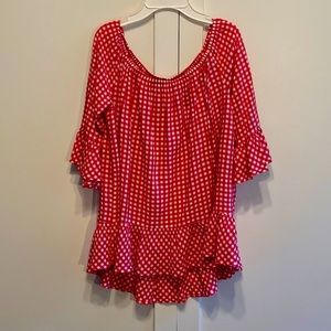 Beachlunchlounge size L 3/4 sleeve cherry red gingham ruffled peasant blouse